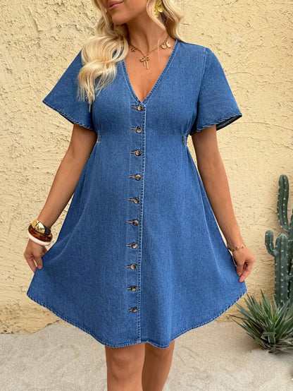 Blue Denim V-Neck Maternity Mini Dress with Button Front and Short Sleeves - Casual Summer Empire Waist Maternity Sun Dress