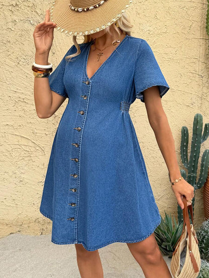 Blue Denim V-Neck Maternity Mini Dress with Button Front and Short Sleeves - Casual Summer Empire Waist Maternity Sun Dress