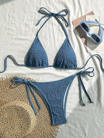 Swim Vcay Solid Color Halter Twist Bikini Two Pieces Swimwear, Suitable For Summer