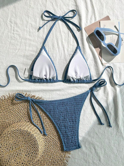 Swim Vcay Solid Color Texture Split Bikini Set, Vacation Beach For Summer
