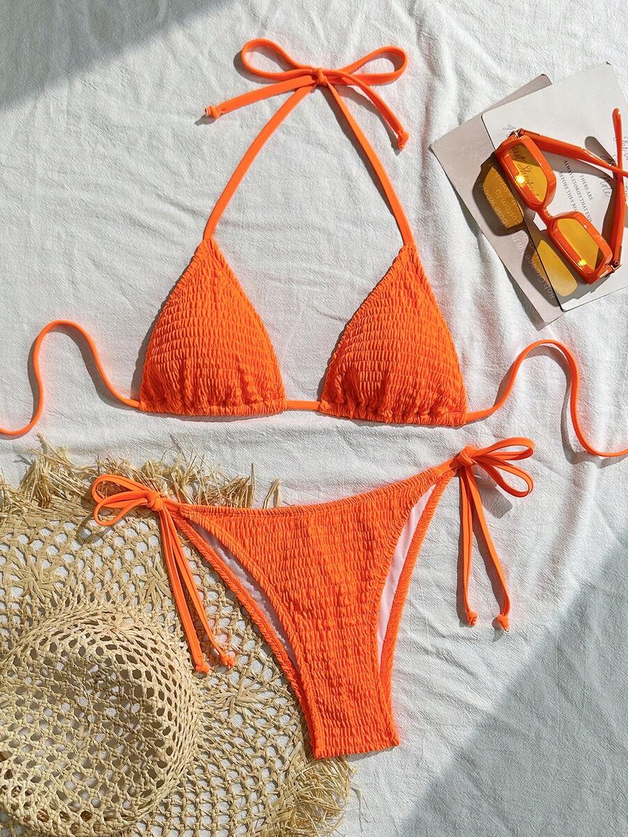 Swim Vcay Solid Color Texture Split Bikini Set, Vacation Beach For Summer