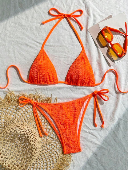 Swim Vcay Solid Color Texture Split Bikini Set, Vacation Beach For Summer