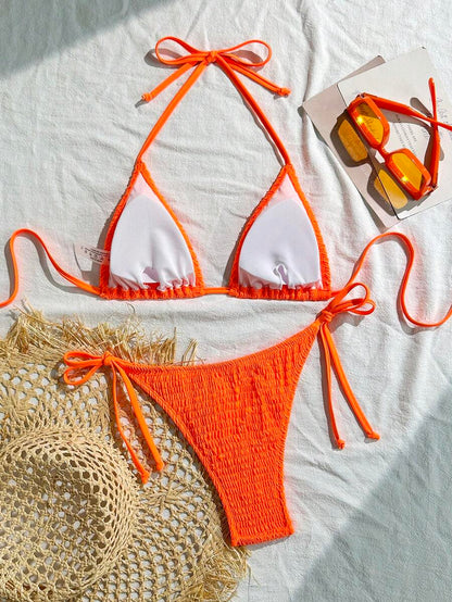 Swim Vcay Solid Color Texture Split Bikini Set, Vacation Beach For Summer