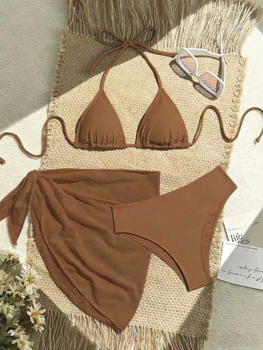 Women's 3-Piece Solid Halter Bikini Set - Knot Detail, Skirt Cover-Up, Triangle Cup, Red