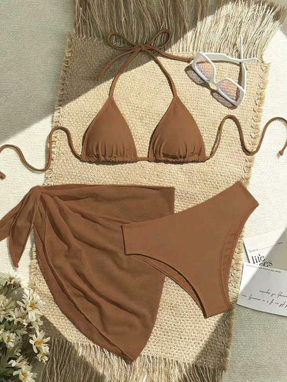 Women's 3-Piece Solid Halter Bikini Set - Knot Detail, Skirt Cover-Up, Triangle Cup, Red
