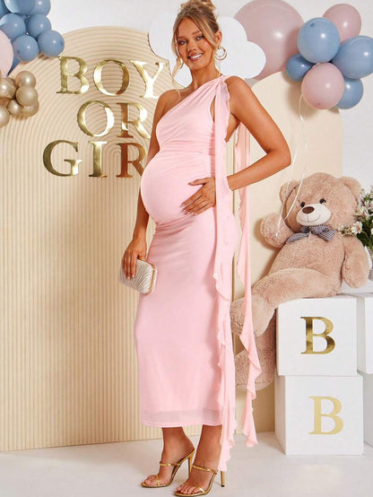 Pregnant Women's Solid Color One-Shoulder Long Dress, Fashionable Party Wear Dress Gender Reveal Dress Maternity Dress Baby Shower Dress