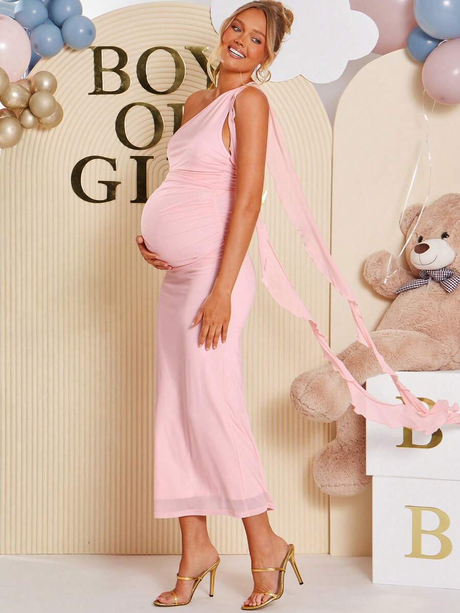 Pregnant Women's Solid Color One-Shoulder Long Dress, Fashionable Party Wear Dress Gender Reveal Dress Maternity Dress Baby Shower Dress