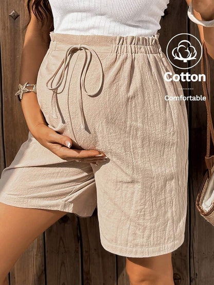 Khaki Cotton Maternity Bermuda Shorts - Adjustable High Waist Drawstring Summer Shorts with Pockets for Casual Beach Vacations