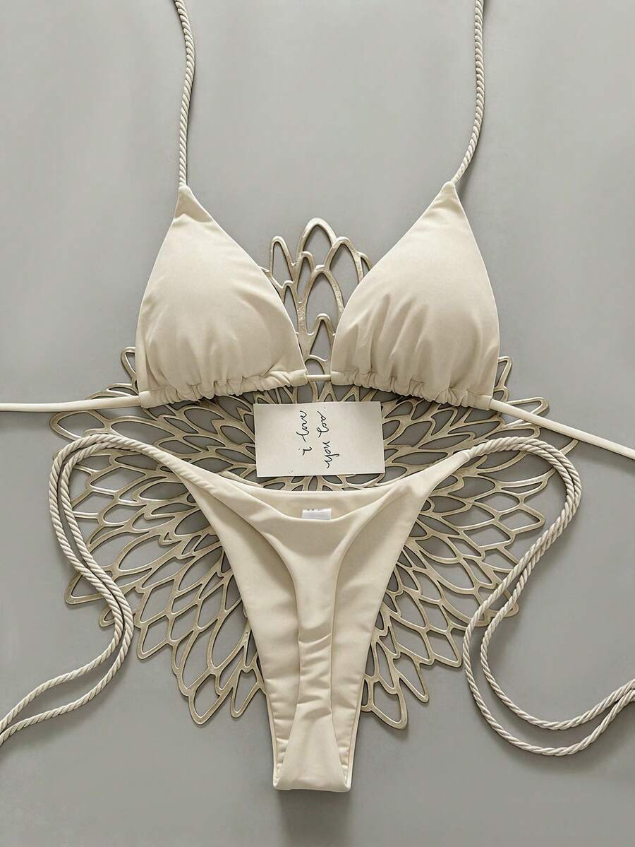Swim Vcay 2pcs Women Apricot Bikini Swimwear Set, Handmade Rope Decor Swimwear Bikini Sets For Women Rouche Bathing Suit Bikini Alt