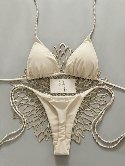 Swim Vcay 2pcs Women Apricot Bikini Swimwear Set, Handmade Rope Decor Swimwear Bikini Sets For Women Rouche Bathing Suit Bikini Alt