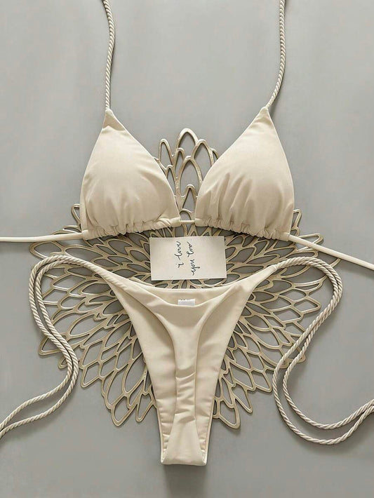 Swim Vcay 2pcs Women Apricot Bikini Swimwear Set, Handmade Rope Decor Swimwear Bikini Sets For Women Rouche Bathing Suit Bikini Alt