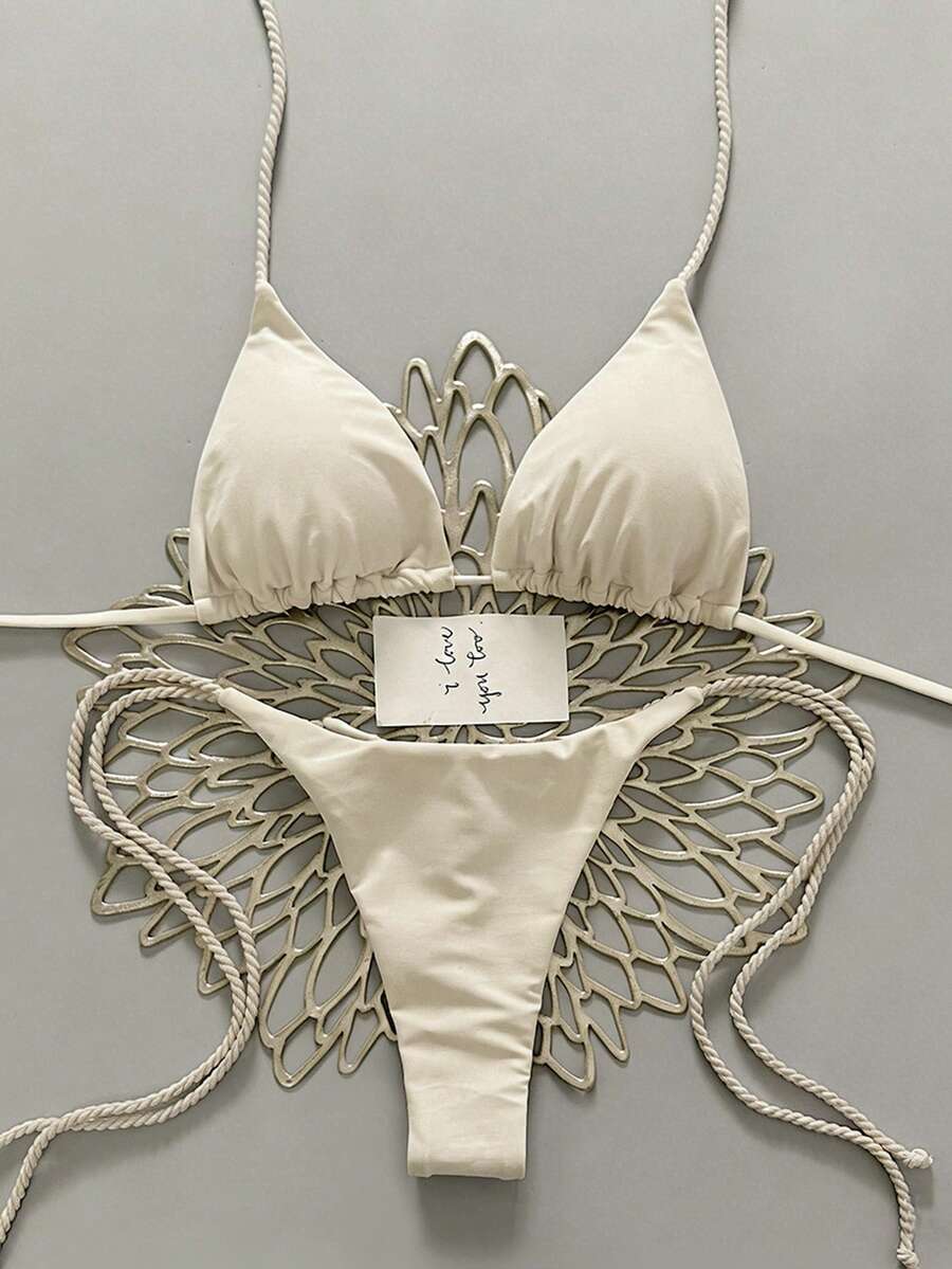 Swim Vcay 2pcs Women Apricot Bikini Swimwear Set, Handmade Rope Decor Swimwear Bikini Sets For Women Rouche Bathing Suit Bikini Alt