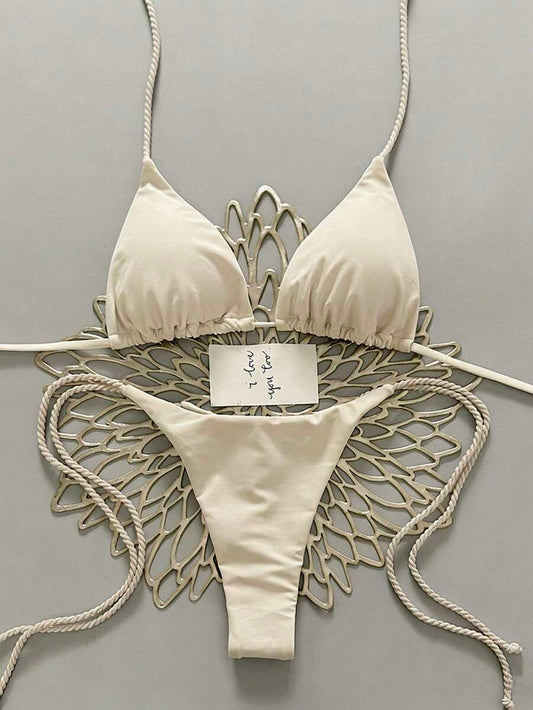 Swim Vcay 2pcs Women Apricot Bikini Swimwear Set, Handmade Rope Decor Swimwear Bikini Sets For Women Rouche Bathing Suit Bikini Alt