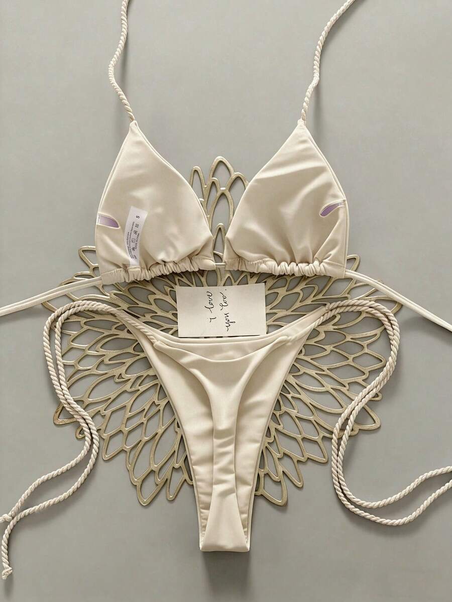 Swim Vcay 2pcs Women Apricot Bikini Swimwear Set, Handmade Rope Decor Swimwear Bikini Sets For Women Rouche Bathing Suit Bikini Alt