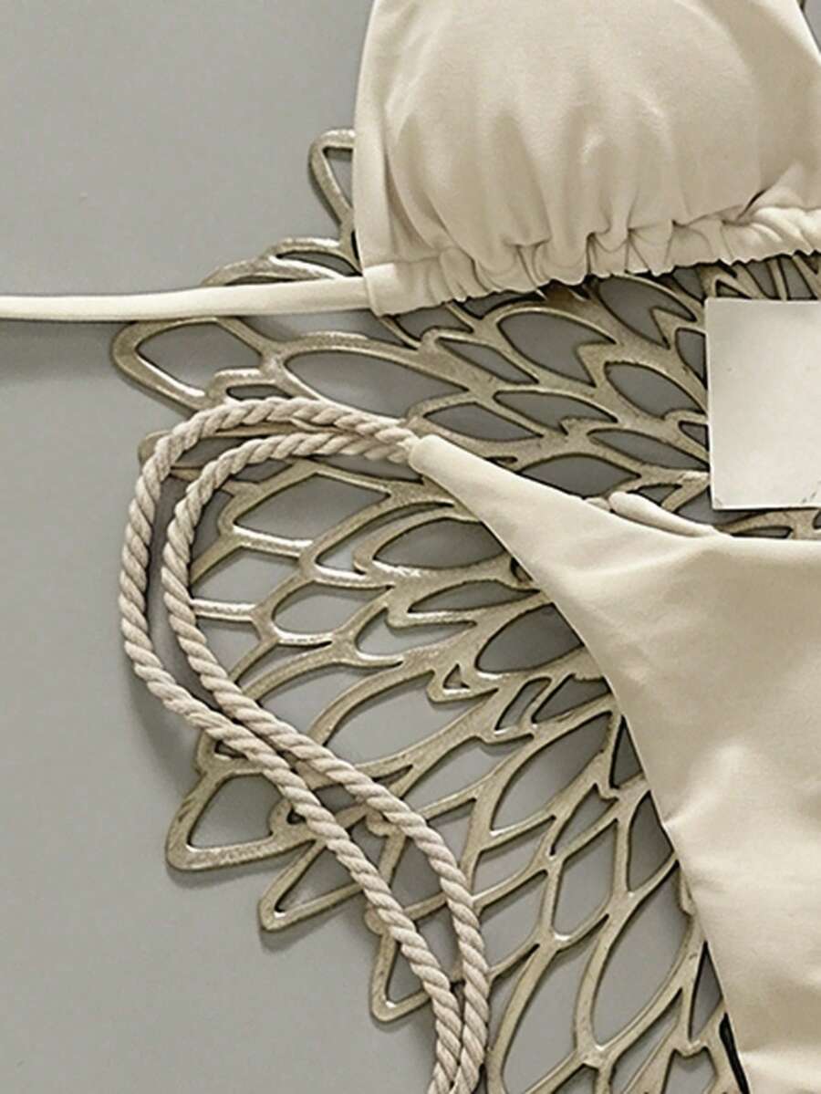 Swim Vcay 2pcs Women Apricot Bikini Swimwear Set, Handmade Rope Decor Swimwear Bikini Sets For Women Rouche Bathing Suit Bikini Alt