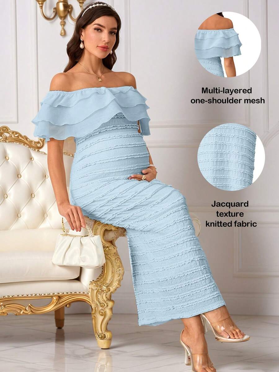 Elegant Maternity Off-Shoulder Ruffle Hem Dress  Elegant Dresses For Women
