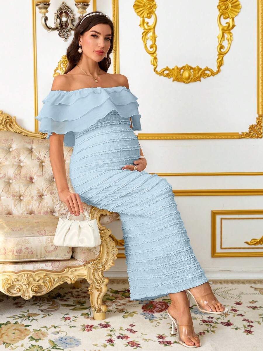 Elegant Maternity Off-Shoulder Ruffle Hem Dress  Elegant Dresses For Women