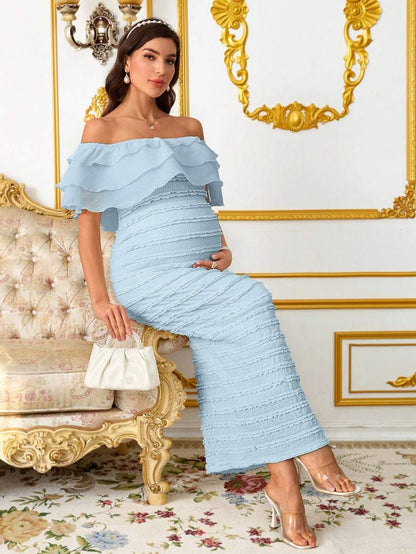 Elegant Maternity Off-Shoulder Ruffle Hem Dress  Elegant Dresses For Women