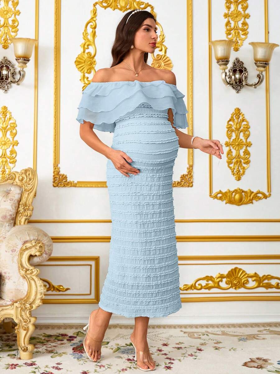 Elegant Maternity Off-Shoulder Ruffle Hem Summer Dress Elegant Dresses For Women Summer
