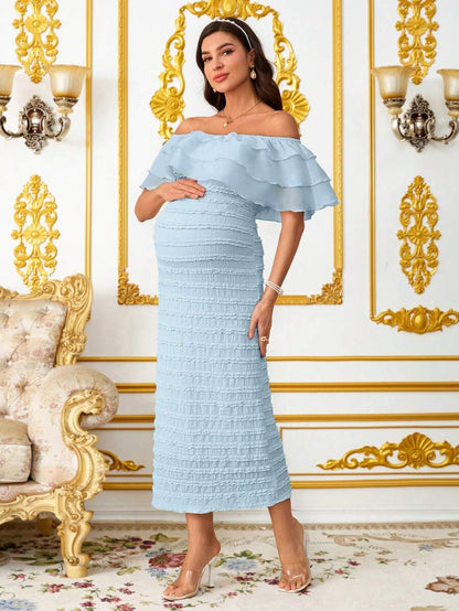 Elegant Maternity Off-Shoulder Ruffle Hem Summer Dress Elegant Dresses For Women Summer