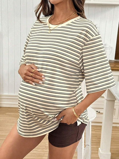 Maternity Black Striped Round Neck Short Sleeve Long Loose Fit T-Shirt Comfortable Padded Shoulder Casual Drop Shoulder Pregnancy Tee