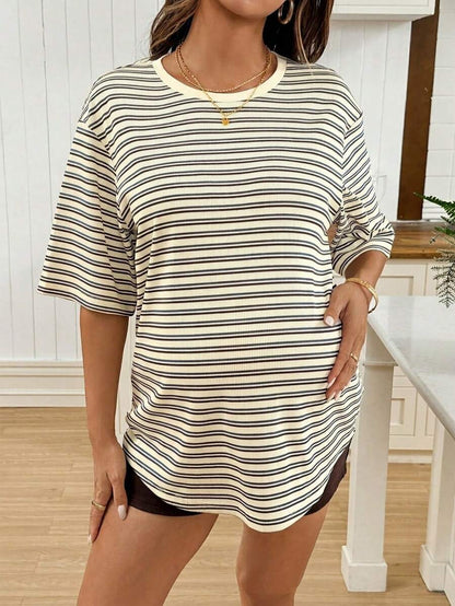 Maternity Black Striped Round Neck Short Sleeve Long Loose Fit T-Shirt Comfortable Padded Shoulder Casual Drop Shoulder Pregnancy Tee