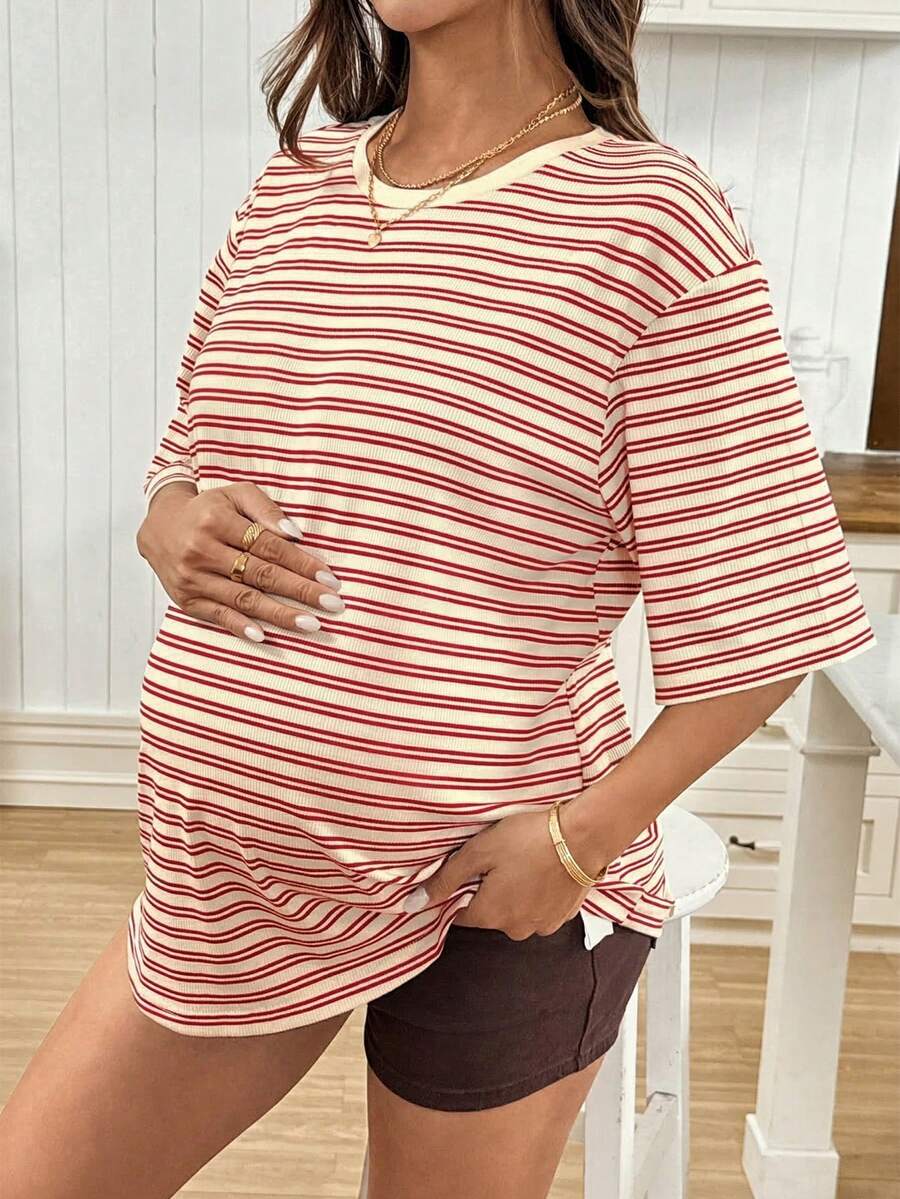 Maternity Black Striped Round Neck Short Sleeve Long Loose Fit T-Shirt Comfortable Padded Shoulder Casual Drop Shoulder Pregnancy Tee