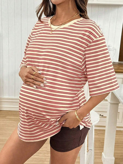 Maternity Black Striped Round Neck Short Sleeve Long Loose Fit T-Shirt Comfortable Padded Shoulder Casual Drop Shoulder Pregnancy Tee