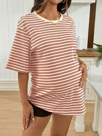 Maternity Black Striped Round Neck Short Sleeve Long Loose Fit T-Shirt Comfortable Padded Shoulder Casual Drop Shoulder Pregnancy Tee