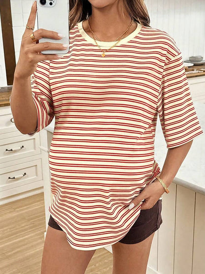 Maternity Black Striped Round Neck Short Sleeve Long Loose Fit T-Shirt Comfortable Padded Shoulder Casual Drop Shoulder Pregnancy Tee