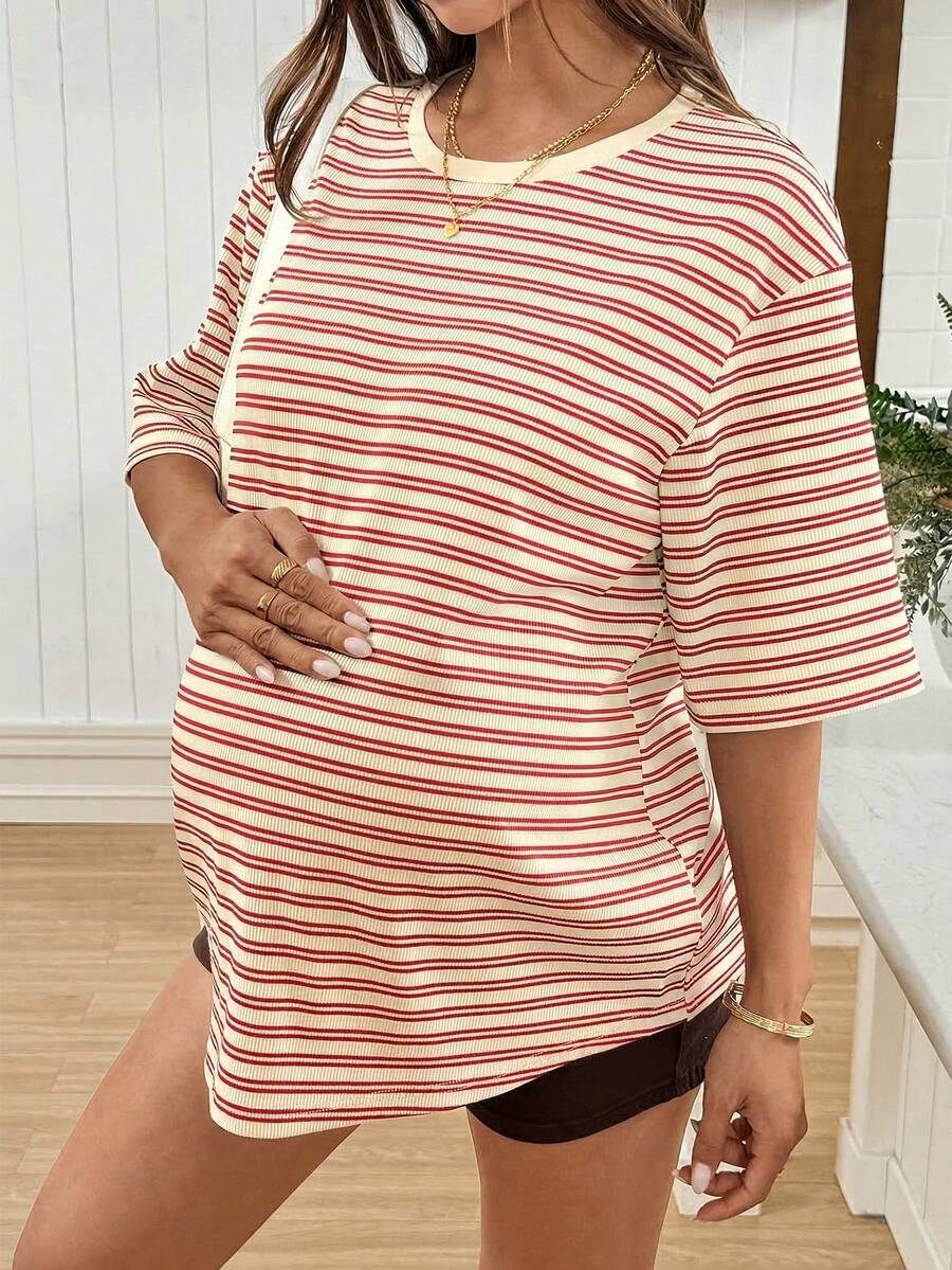 Maternity Black Striped Round Neck Short Sleeve Long Loose Fit T-Shirt Comfortable Padded Shoulder Casual Drop Shoulder Pregnancy Tee