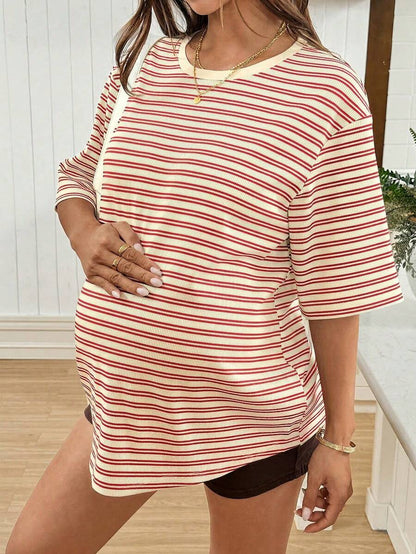 Maternity Black Striped Round Neck Short Sleeve Long Loose Fit T-Shirt Comfortable Padded Shoulder Casual Drop Shoulder Pregnancy Tee