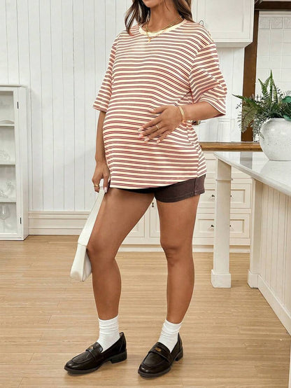 Maternity Black Striped Round Neck Short Sleeve Long Loose Fit T-Shirt Comfortable Padded Shoulder Casual Drop Shoulder Pregnancy Tee