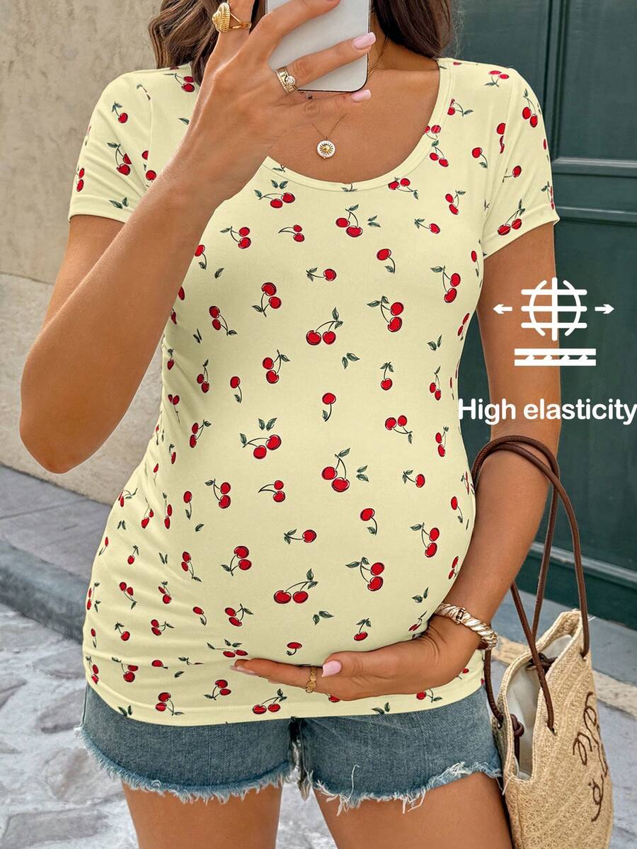 Maternity Cherry Print Short Sleeve T-Shirt Casual Scoop Neck Slim Fit Pink Summer Top with Padded Bust and Medium Stretch