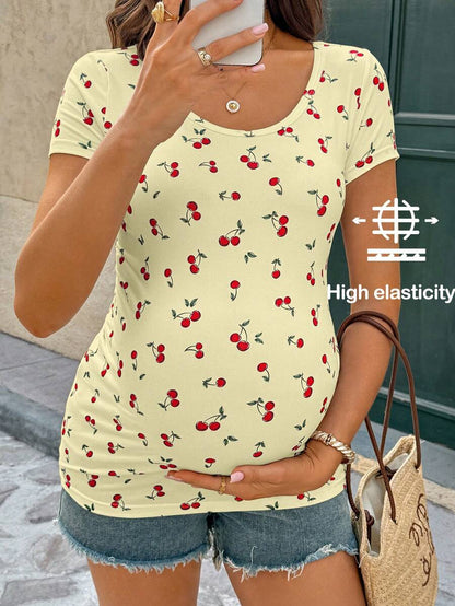 Maternity Cherry Print Short Sleeve T-Shirt Casual Scoop Neck Slim Fit Pink Summer Top with Padded Bust and Medium Stretch