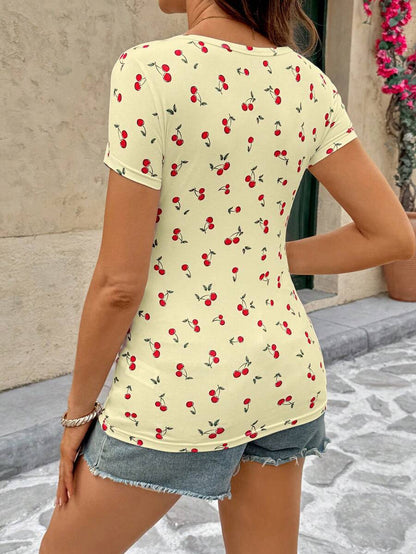 Maternity Cherry Print Short Sleeve T-Shirt Casual Scoop Neck Slim Fit Pink Summer Top with Padded Bust and Medium Stretch