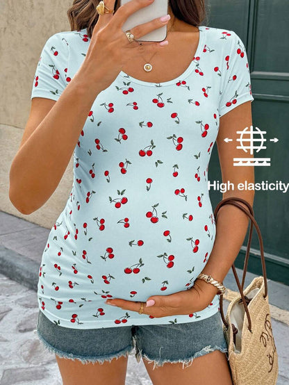 Maternity Cherry Print Short Sleeve T-Shirt Casual Scoop Neck Slim Fit Pink Summer Top with Padded Bust and Medium Stretch