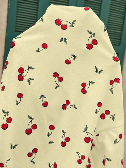 Maternity Cherry Print Short Sleeve T-Shirt Casual Scoop Neck Slim Fit Pink Summer Top with Padded Bust and Medium Stretch