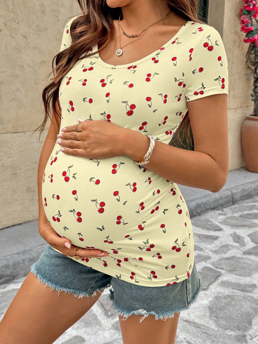Maternity Cherry Print Short Sleeve T-Shirt Casual Scoop Neck Slim Fit Pink Summer Top with Padded Bust and Medium Stretch