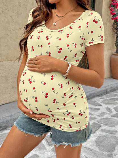 Maternity Cherry Print Short Sleeve T-Shirt Casual Scoop Neck Slim Fit Pink Summer Top with Padded Bust and Medium Stretch