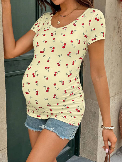 Maternity Cherry Print Short Sleeve T-Shirt Casual Scoop Neck Slim Fit Pink Summer Top with Padded Bust and Medium Stretch