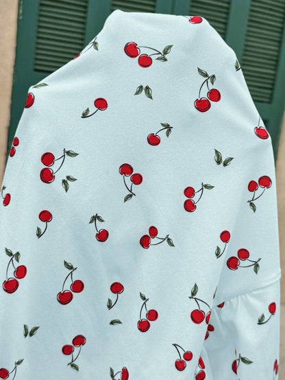 Maternity Cherry Print Short Sleeve T-Shirt Casual Scoop Neck Slim Fit Pink Summer Top with Padded Bust and Medium Stretch