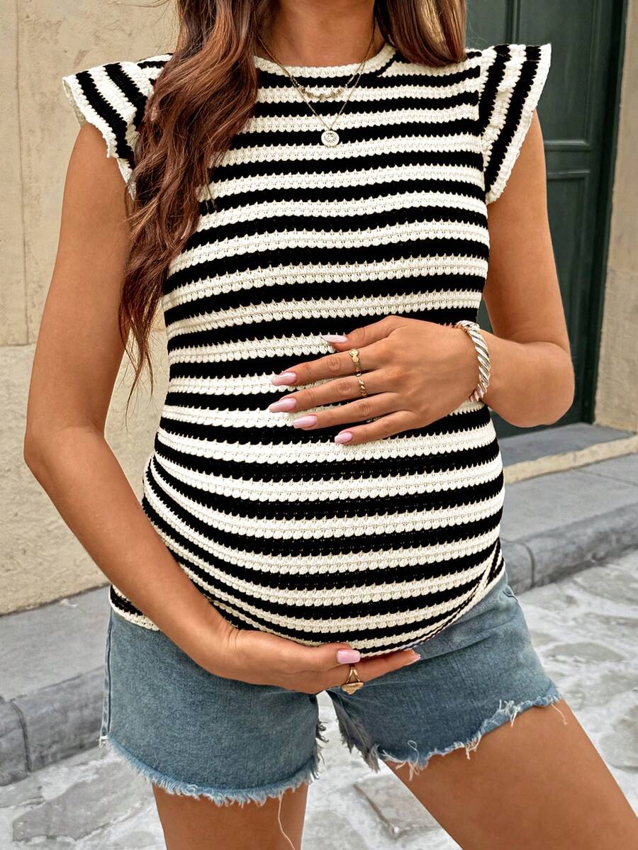 Blue and White Striped Maternity Ruffle Sleeve T-Shirt Slim Fit Round Neck Summer Casual Vacation Pregnancy Top