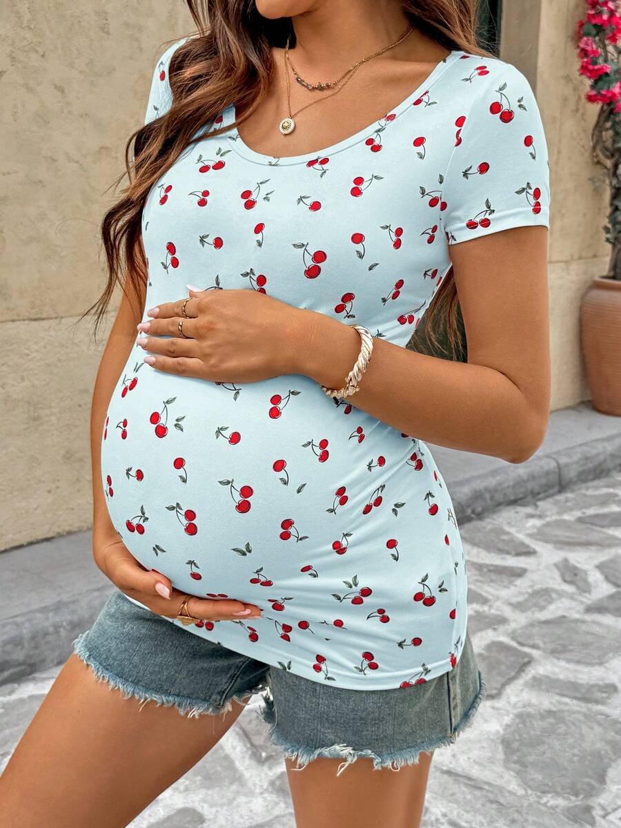 Maternity Cherry Print Short Sleeve T-Shirt Casual Scoop Neck Slim Fit Pink Summer Top with Padded Bust and Medium Stretch