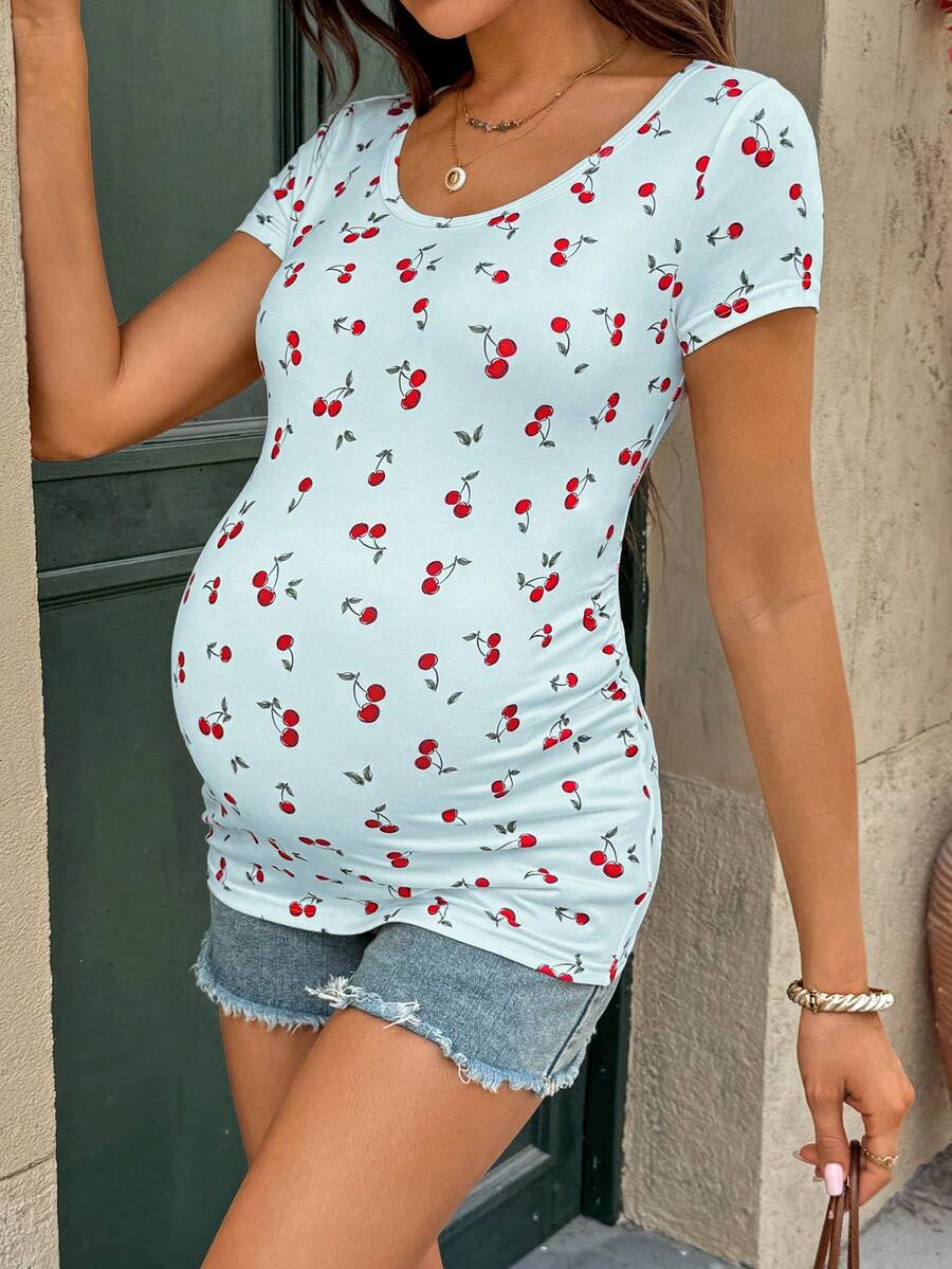 Maternity Cherry Print Short Sleeve T-Shirt Casual Scoop Neck Slim Fit Pink Summer Top with Padded Bust and Medium Stretch