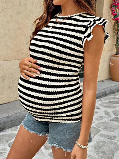 Blue and White Striped Maternity Ruffle Sleeve T-Shirt Slim Fit Round Neck Summer Casual Vacation Pregnancy Top