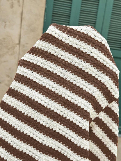 Coffee Brown Striped Maternity Top with Ruffle Cap Sleeves - Slim Fit Knitted Summer Pregnancy T-Shirt for Casual Outfits and Night Out