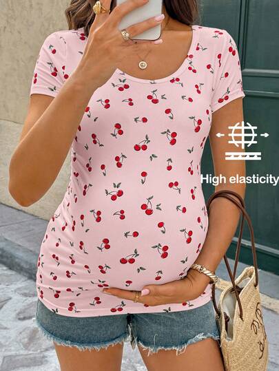 Maternity Cherry Print Short Sleeve T-Shirt Casual Scoop Neck Slim Fit Pink Summer Top with Padded Bust and Medium Stretch