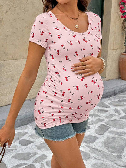 Maternity Cherry Print Short Sleeve T-Shirt Casual Scoop Neck Slim Fit Pink Summer Top with Padded Bust and Medium Stretch