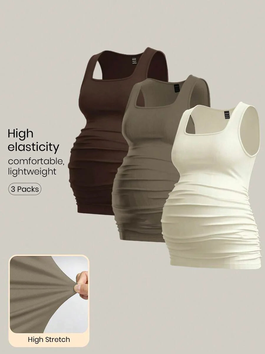 Maternity Ruched Tank Top 3-Pack - Square Neck, Slim Fit, Multicolor